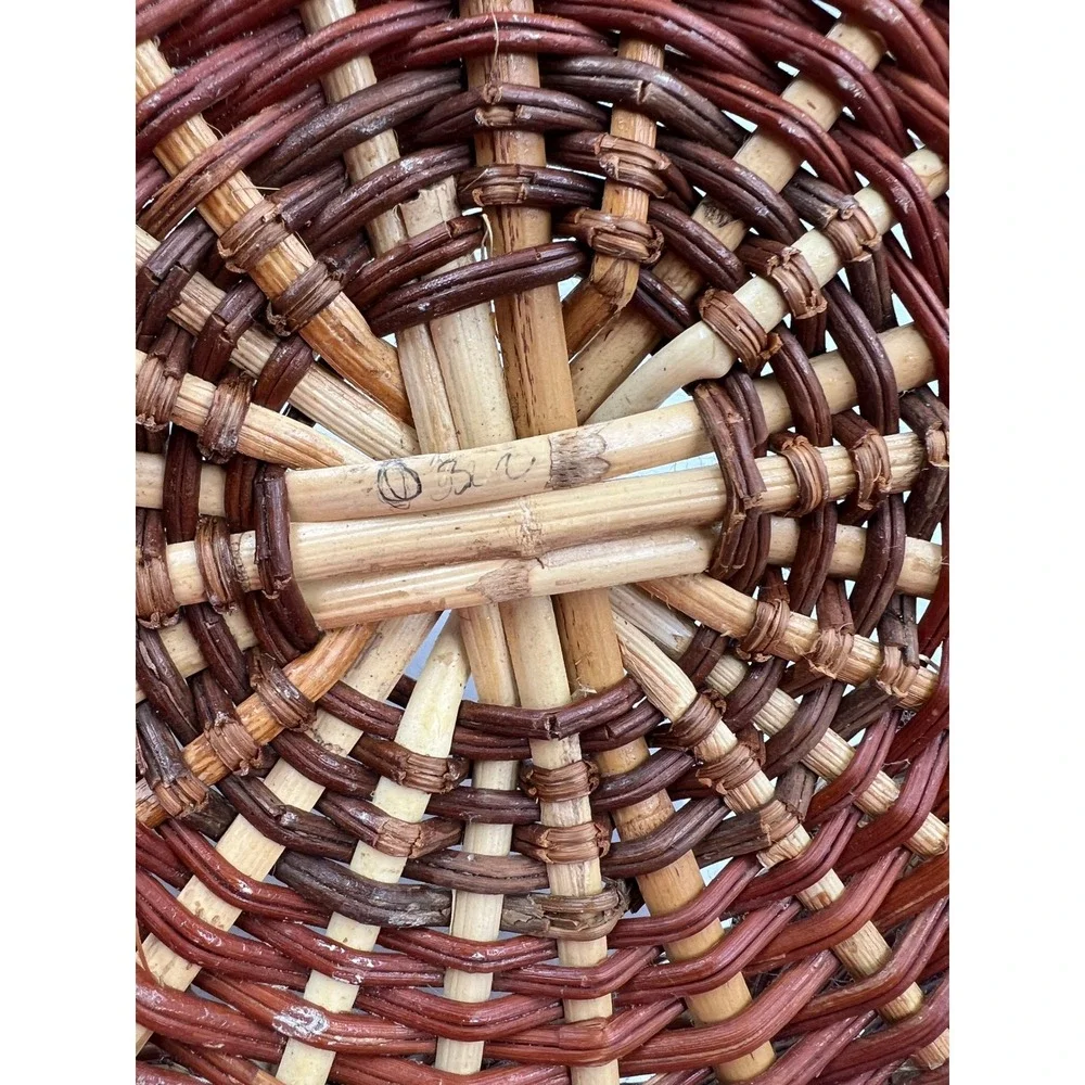 Vintage Scalloped Wicker Basket Handwoven Two Tone Brown Round Decorative Bowl